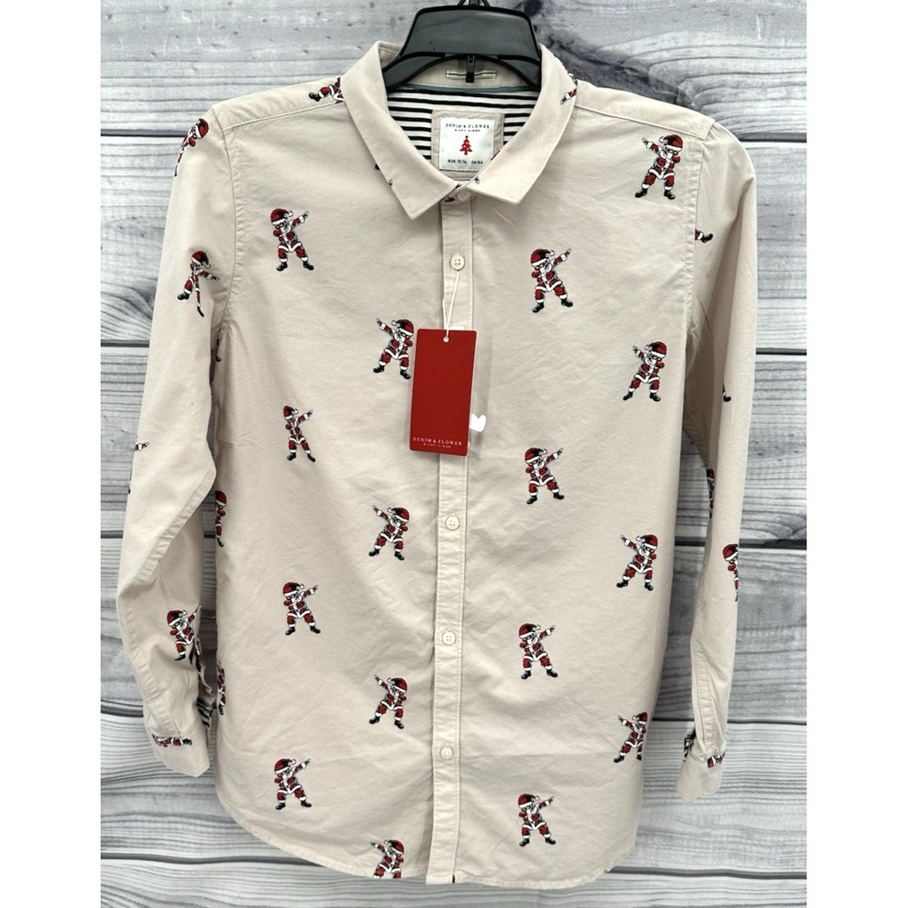 DENIM & FLOWER TAN BUTTON FRONT LONG SLEEVE SHIRT Youth Boy 13-14 DABBING SANTA